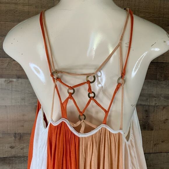 𝅺Free People Macrame Tunic Tank Top Colorblock Orange Tan White Size XS - Picture 9 of 11